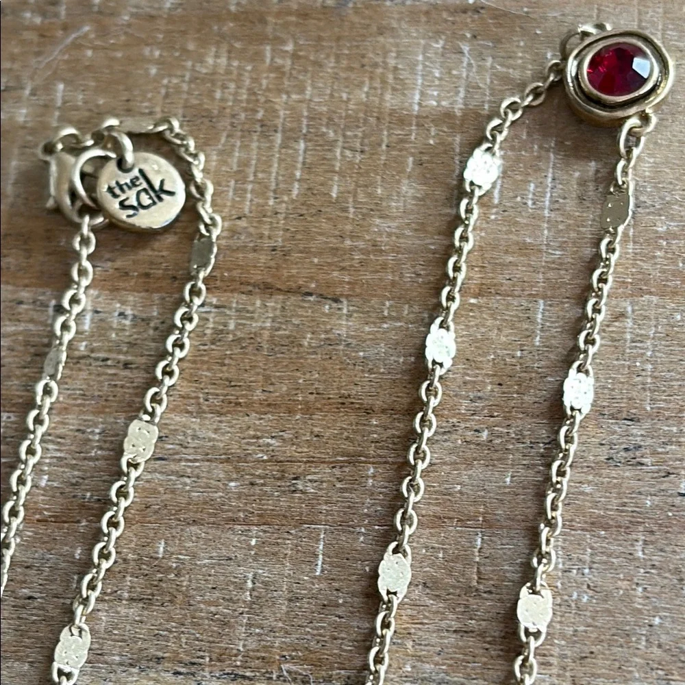 The Sak Gold and Ruby Red Crystal Station Necklace Minimalist Design